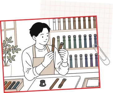 棚に並ぶ色見本のベルトを手に、色を見極める職人のイラスト