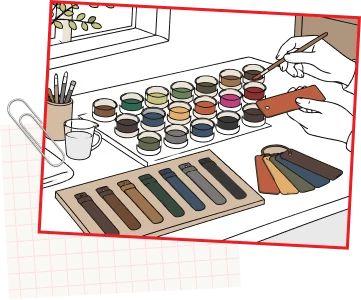 染料を一色ずつ調合し、革に色を試し塗りする工房のイラスト