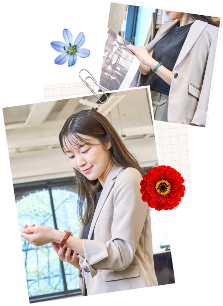 店舗でベルトを選ぶ女性たちのポラロイド風写真と生花のコラージュ