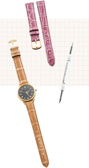 ワインカラーとキャメルの革ベルト、バネ棒外しの専用工具