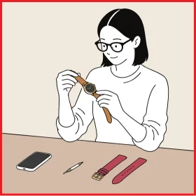 自宅のテーブルでベルトを付け替える女性のイラスト