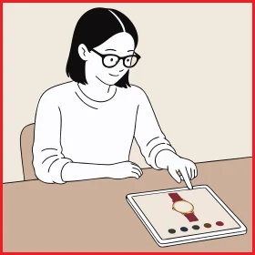 タブレットのシミュレーターで革とステッチの組み合わせを選ぶ女性のイラスト