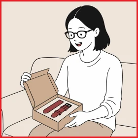 仕立て上がったベルトの箱を開けて微笑む女性のイラスト