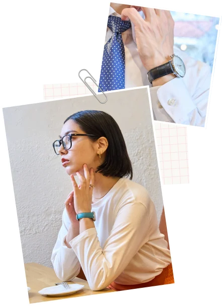 店舗でスタッフとベルトを選ぶ様子のポラロイド風写真コラージュ